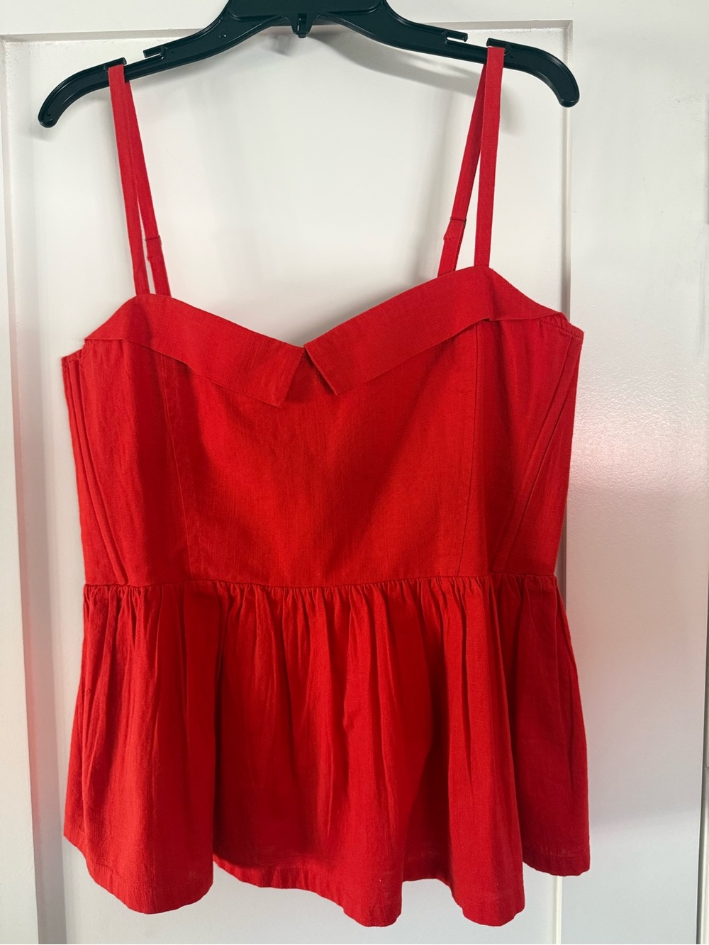 THE GREAT. Red Peplum Cami with V-Neckline “The Verse Top”